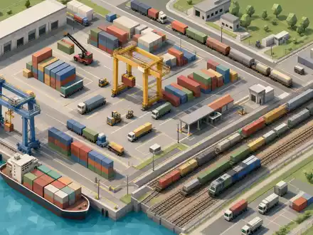 Norfolk Southern Corp. (US6558441084): isometrische 3D-Illustration eines Intermodal-Terminals mit Containern und Güterzügen - Foto: THN