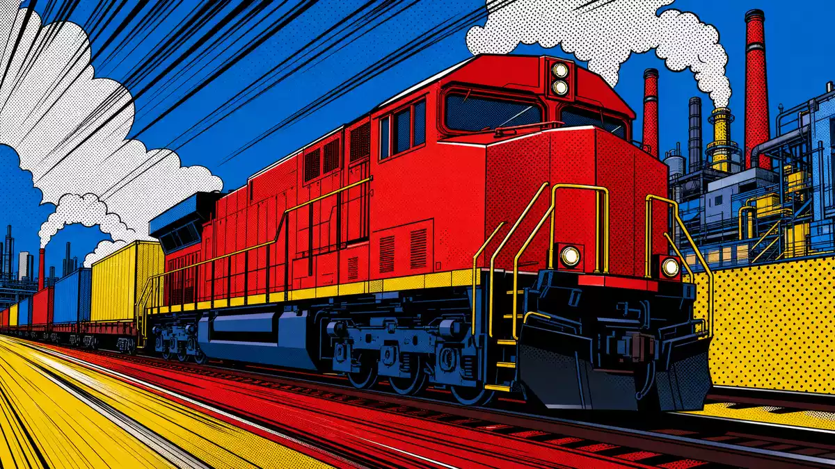 Pop-Art-Comic-Illustration einer bunten Güterlokomotive mit dynamischen Speedlines