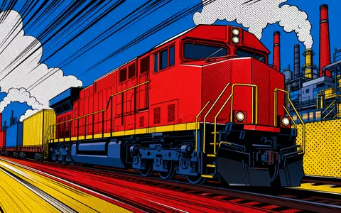 Norfolk Southern Corp. (US6558441084): buntes Pop-Art-Comicbild einer schnell fahrenden unmarkierten Güterlokomotive mit Rasterpunkten - Foto: THN