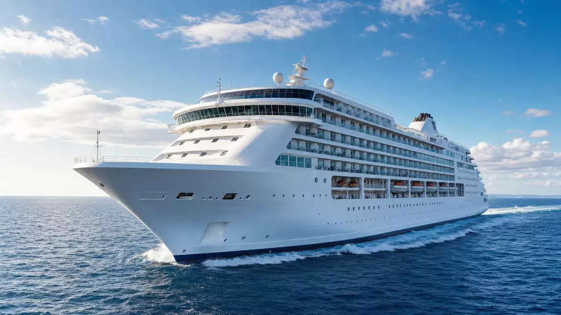 Weißes generisches Kreuzfahrtschiff fährt bei Sonnenschein über den offenen Ozean