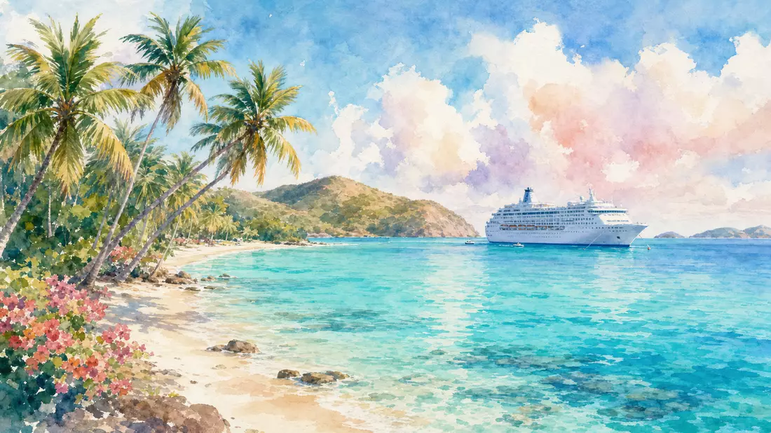 Aquarellmalerei einer türkisfarbenen Karibik-Bucht mit fernem generischem Schiff