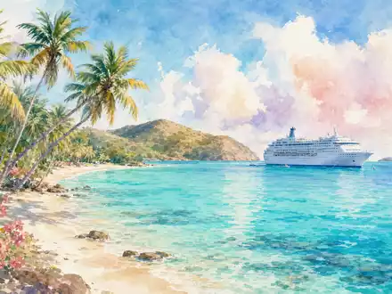 Norwegian Cruise Line BMG667211046 dargestellt als Aquarellmalerei einer türkisfarbenen Karibik-Bucht mit fernem Kreuzfahrtschiff - Foto: THN