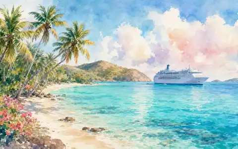 Norwegian Cruise Line BMG667211046 dargestellt als Aquarellmalerei einer türkisfarbenen Karibik-Bucht mit fernem Kreuzfahrtschiff - Foto: THN