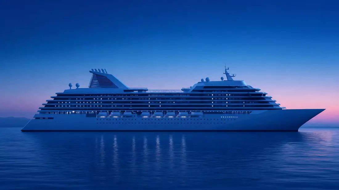 Minimalistisches Render einer generischen Kreuzfahrtschiff-Silhouette in Dämmerungsblau
