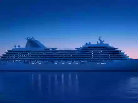Norwegian Cruise Line BMG667211046 präsentiert ein minimalistisches Architektur-Render einer generischen Schiffssilhouette bei blauer Dämmerung - Foto: THN