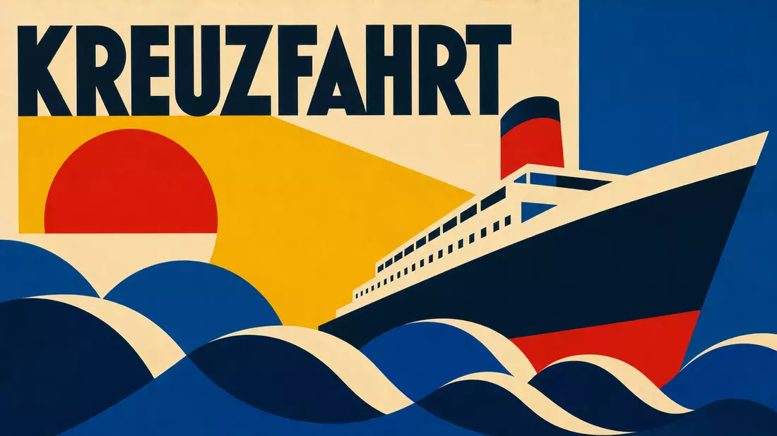 Bauhaus-Reiseposter mit geometrischem Schiffsmotiv und Schriftzug KREUZFAHRT
