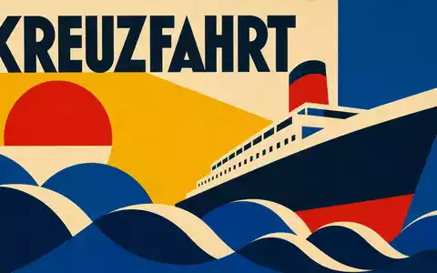 Norwegian Cruise Line BMG667211046 als Bauhaus-Poster mit geometrischen Formen, Wellen und großem Schriftzug KREUZFAHRT - Foto: THN