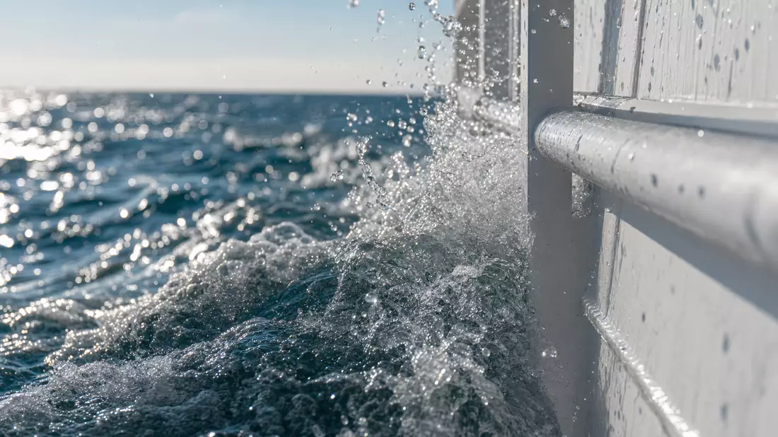 Makroaufnahme von spritzendem Meerwasser an generischer Schiffsreling