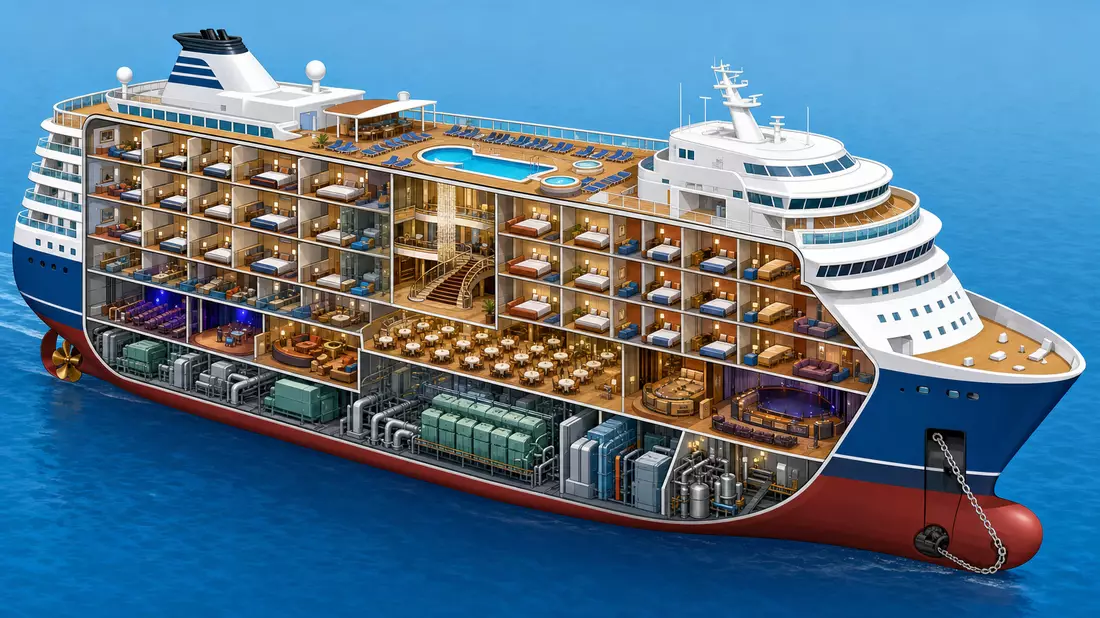 Isometrisches 3D-Cutaway eines generischen Kreuzfahrtschiffs mit Innendecks
