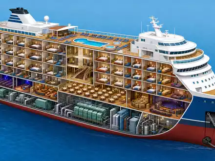 Norwegian Cruise Line BMG667211046 illustriert einen isometrischen 3D-Schnitt eines generischen Kreuzfahrtschiffs mit mehreren Decks - Foto: THN