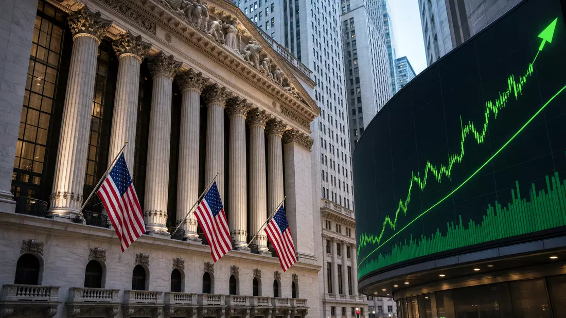 NYSE-Fassade mit generischer grüner, ansteigender Börsenkurve daneben