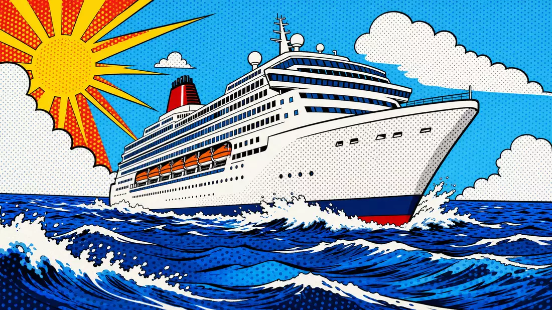 Pop-Art-Comic eines generischen Kreuzfahrtschiffs auf blauen Ozeanwellen
