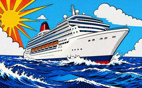 Norwegian Cruise Line BMG667211046 im Pop-Art-Comic-Stil mit generischem Kreuzfahrtschiff auf leuchtend blauen Meereswellen - Foto: THN