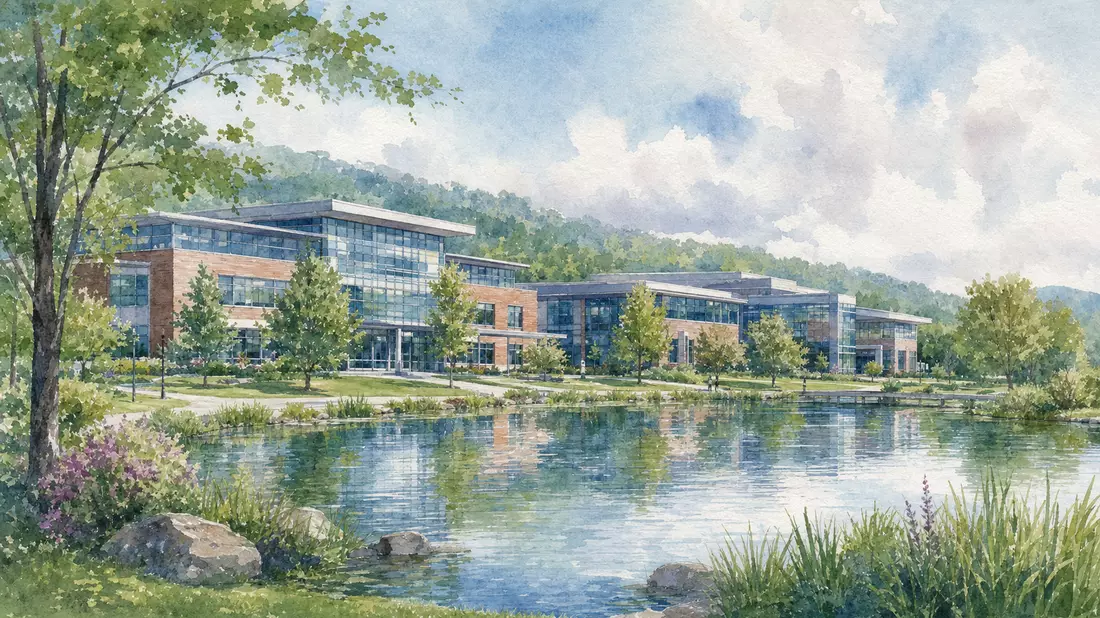 Aquarellmalerei eines Forschungscampus mit Teich, Bäumen und Glasfassaden