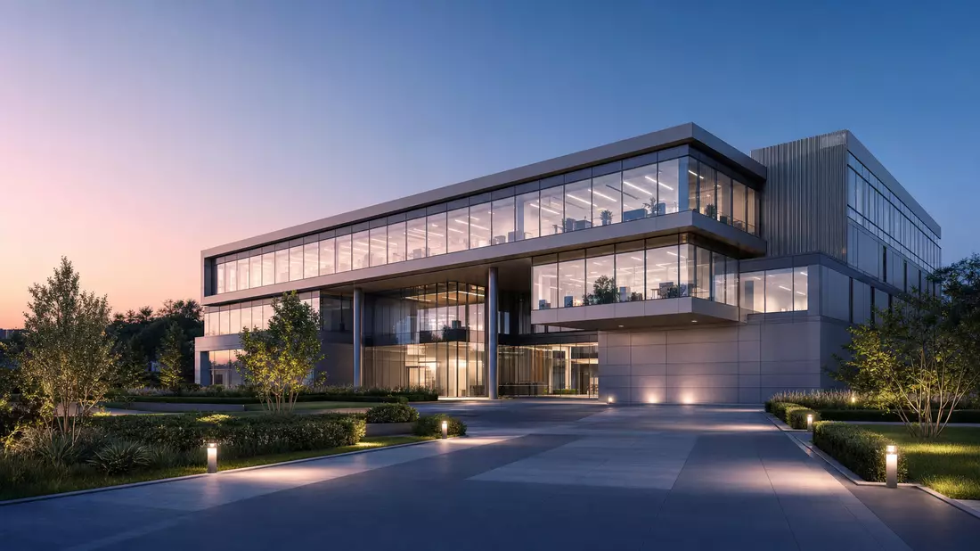 Architektur-Render eines modernen Glasgebäudes bei Abenddämmerung