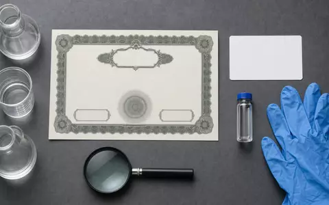 Waters Corporation (ISIN US9418481035) präsentiert ein Flatlay mit Aktienzertifikat, ISIN-Karte und typischen Laborutensilien arrangiert - Foto: THN