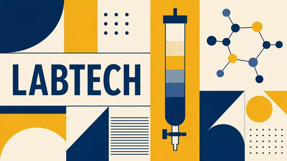 Bauhaus-Poster mit Chromatographiesäule, Molekülstruktur und Text LABTECH