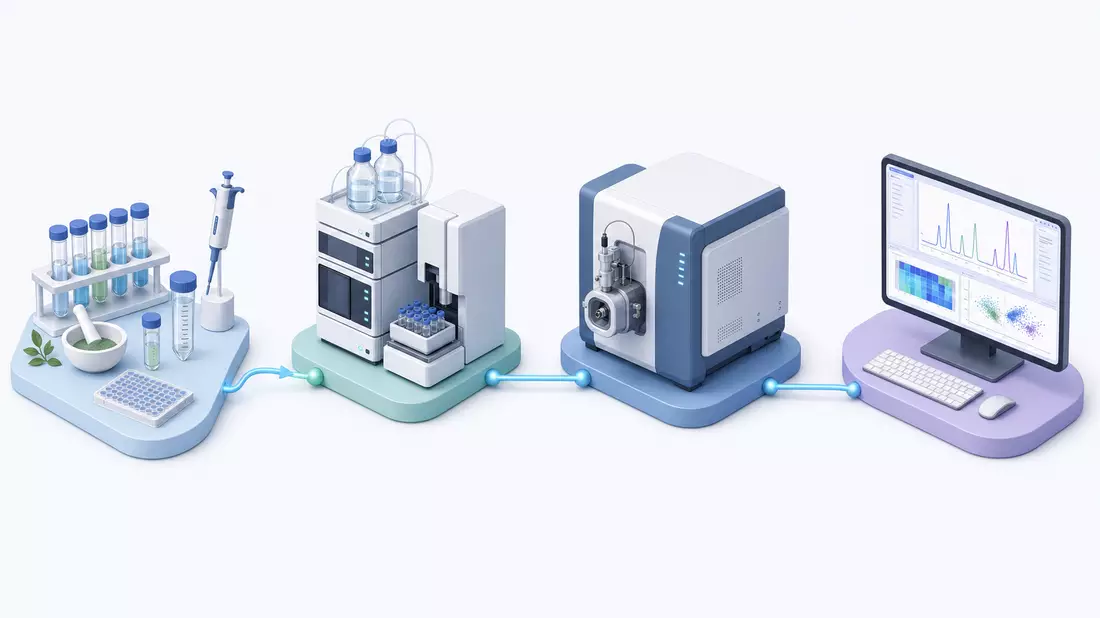 Isometrische 3D-Grafik einer Laborprozesskette bis zum Massenspektrometer