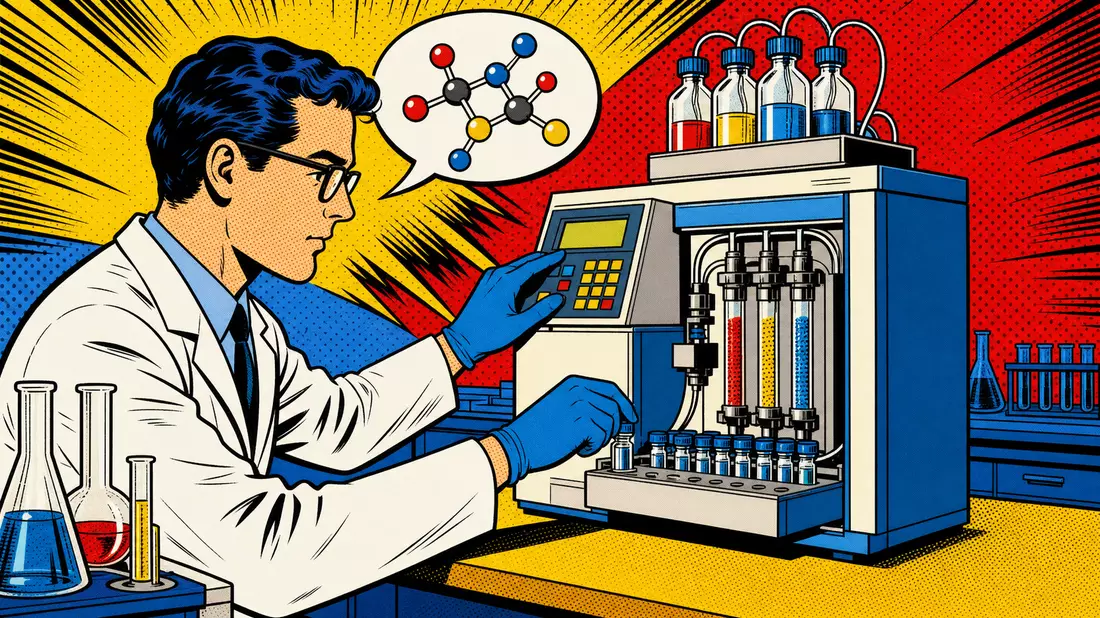 Pop-Art-Comic: Wissenschaftler an buntem Analysegerät im Retro-Stil
