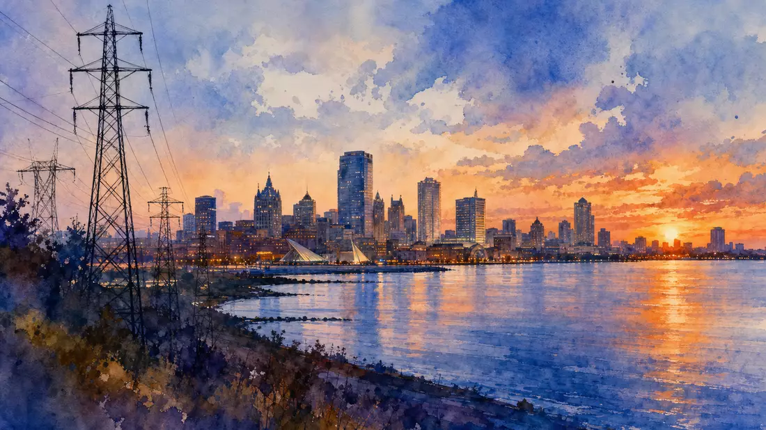 Aquarell der Milwaukee-Skyline am Lake Michigan mit Strommasten vorn