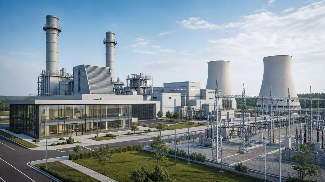 Architektur-Rendering eines Gaskraftwerks mit Kühltürmen bei Tageslicht