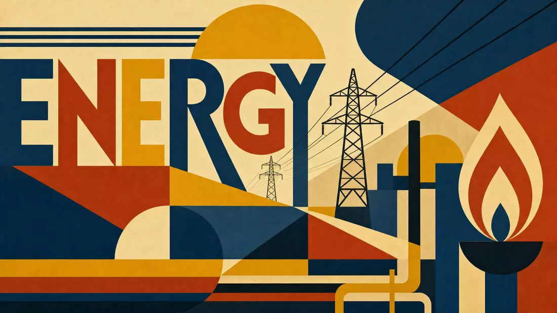 Bauhaus-Poster mit geometrischen Formen, Strommast, Gasflamme und ENERGY