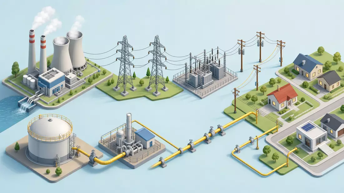 Isometrische 3D-Grafik der Strom- und Gas-Wertschöpfungskette bis Haushalt