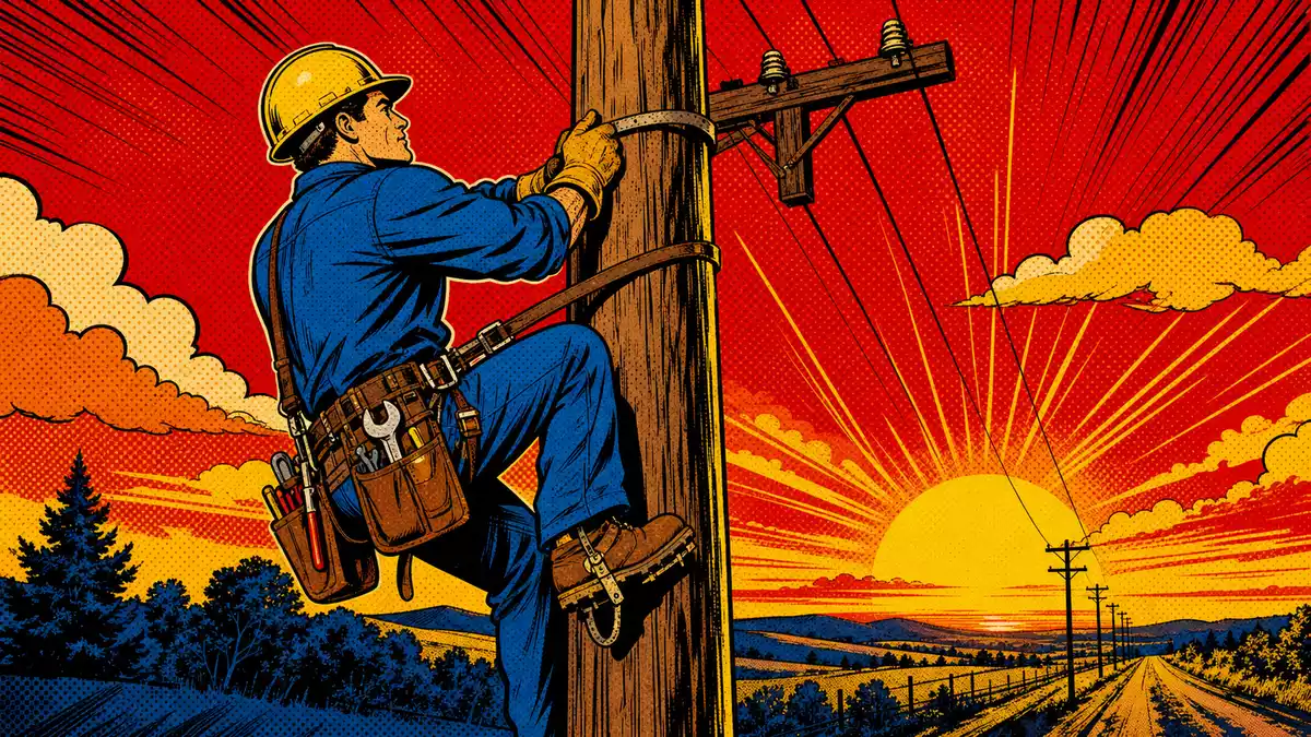 Pop-Art-Comic eines Leitungsmonteurs am Strommast vor buntem Sonnenuntergang
