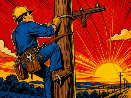 WEC Energy Group (ISIN US92939U1060) im Pop-Art-Comic-Stil: ein Leitungsmonteur klettert einen Strommast hinauf - Foto: THN