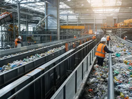 Waste Management (ISIN US94106L1098) betreibt moderne Recyclinganlagen, in denen Arbeiter Wertstoffe sorgfältig sortieren - Foto: THN