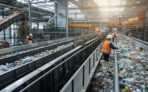 Waste Management (ISIN US94106L1098) betreibt moderne Recyclinganlagen, in denen Arbeiter Wertstoffe sorgfältig sortieren - Foto: THN