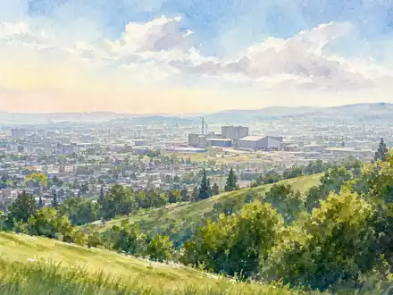 Ein Aquarellbild zeigt eine Stadtlandschaft mit Industrieanlage, passend zum GeschÀftsfeld von Waste Management, US94106L1098 - Foto: THN