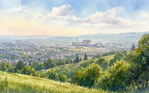 Ein Aquarellbild zeigt eine Stadtlandschaft mit Industrieanlage, passend zum GeschÀftsfeld von Waste Management, US94106L1098 - Foto: THN