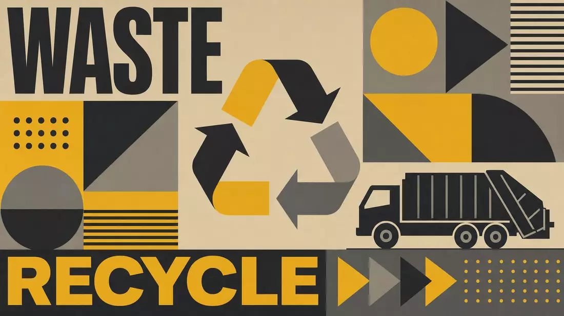 Bauhaus-Poster mit geometrischen Formen und Recyclingsymbol in Gelb und Grau