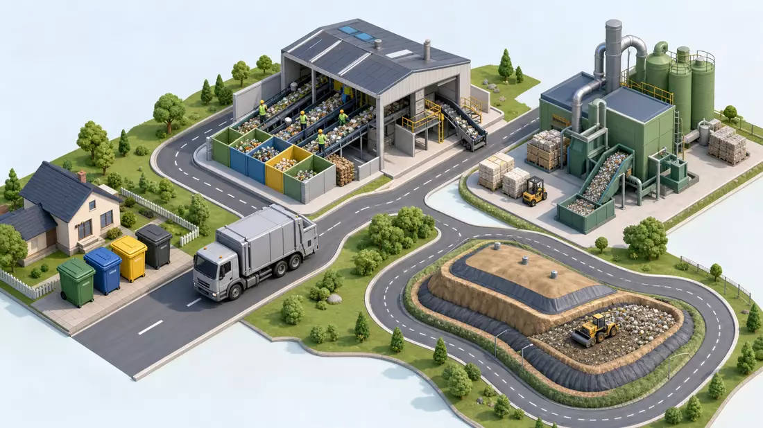 Isometrische 3D-Illustration der Abfallwertschöpfungskette von Sammlung bis Deponie