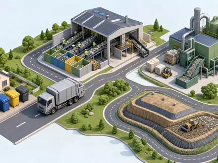 Die isometrische 3D-Grafik veranschaulicht die Wertschöpfungskette der Abfallwirtschaft, in der Waste Management (US94106L1098) aktiv ist - Foto: THN