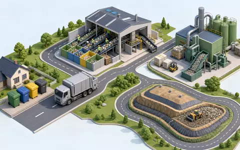 Die isometrische 3D-Grafik veranschaulicht die Wertschöpfungskette der Abfallwirtschaft, in der Waste Management (US94106L1098) aktiv ist - Foto: THN