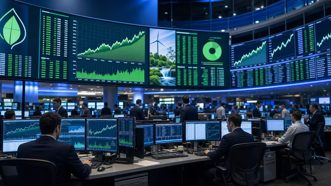 Trading-Floor mit großen Bildschirmen, die grüne Aktiencharts und Diagramme zeigen
