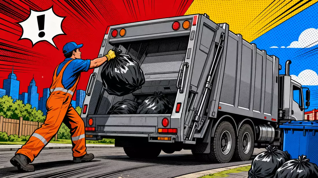Pop-Art-Comic zeigt Arbeiter, der einen Müllsack in einen grauen Müllwagen wirft