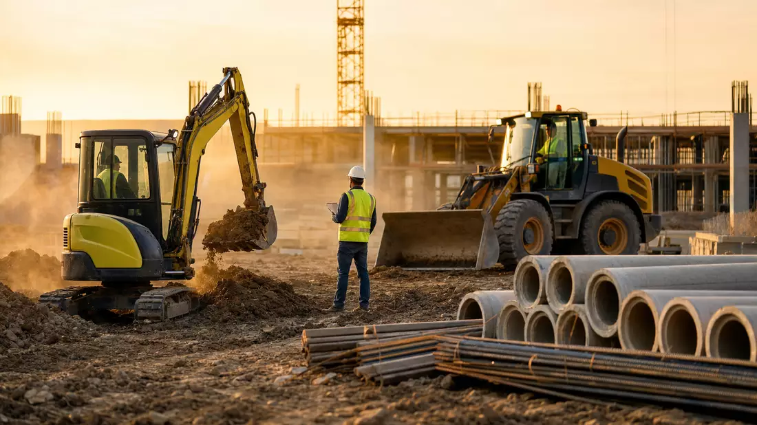 Fotorealistische Baustelle mit Kompaktbagger und Radlader bei Sonnenuntergang