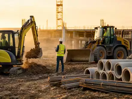 Wacker Neuson SE (DE000WACK012) zeigt fotorealistisch eine belebte Baustelle mit Baggern und Radladern im Einsatz - Foto: THN