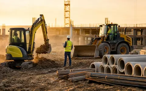 Wacker Neuson SE (DE000WACK012) zeigt fotorealistisch eine belebte Baustelle mit Baggern und Radladern im Einsatz - Foto: THN