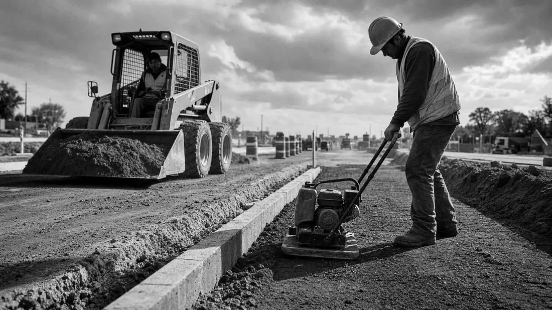 Schwarzweiß-Reportage: Bauarbeiter mit Rüttelplatte und Kompaktlader auf Baustelle