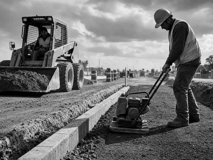 Wacker Neuson SE (DE000WACK012) dokumentiert schwarzweiß einen Bauarbeiter mit Verdichtungsgerät neben Kompaktlader auf einer Straßenbaustelle - Foto: THN