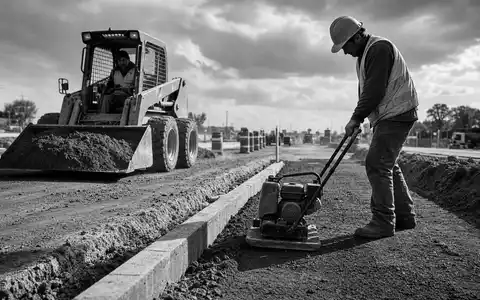 Wacker Neuson SE (DE000WACK012) dokumentiert schwarzweiß einen Bauarbeiter mit Verdichtungsgerät neben Kompaktlader auf einer Straßenbaustelle - Foto: THN