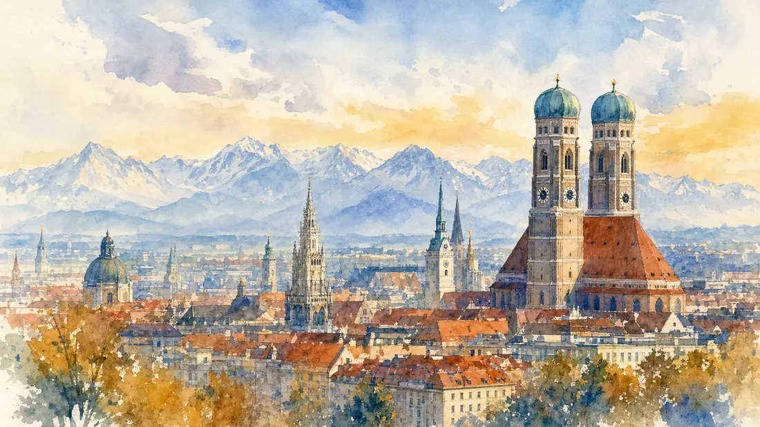 Aquarell der Münchner Skyline mit Frauenkirche und schneebedeckten Alpen
