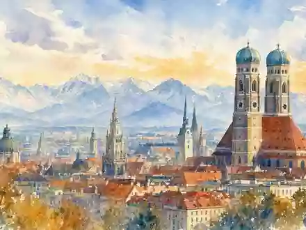 Wacker Neuson SE (DE000WACK012) präsentiert die Münchner Skyline mit Alpenpanorama in zarter, atmosphärischer Aquarelloptik gemalt - Foto: THN