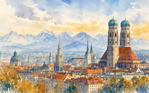Wacker Neuson SE (DE000WACK012) präsentiert die Münchner Skyline mit Alpenpanorama in zarter, atmosphärischer Aquarelloptik gemalt - Foto: THN