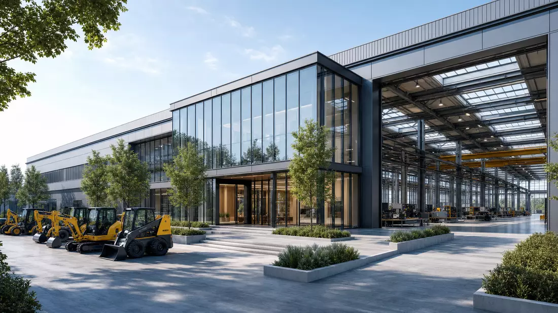 Architektur-Render einer modernen Werksanlage mit Glasfassade und Kompaktmaschinen