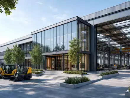 Wacker Neuson SE (DE000WACK012) illustriert eine moderne Werksanlage mit Glasfassade, Produktionshalle und geparkten Kompaktmaschinen davor - Foto: THN